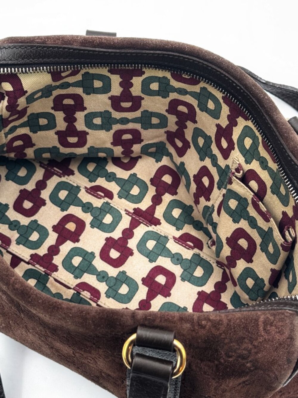 Gucci Vintage GG Monogram Suede Boston Shoulder Bag Brown Leather - Picture 10 of 13
